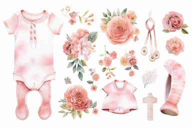 watercolor clip art illustration, baby clothes floral decoration with pastel pink, aerial view, white background