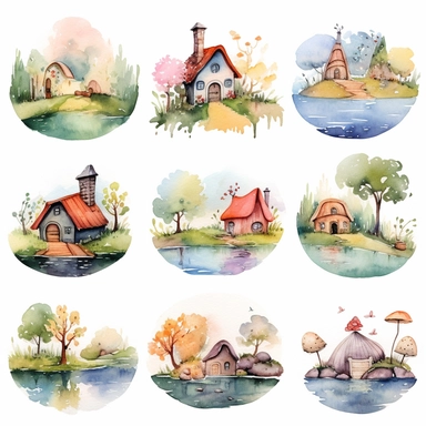 watercolor clipart set computer characters landscape