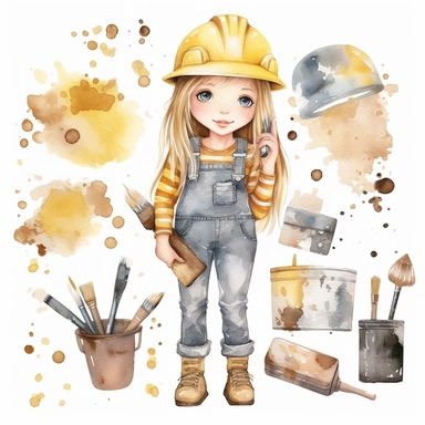 Watercolor collection clipart girl construction worker cute childish neutral colors on white background