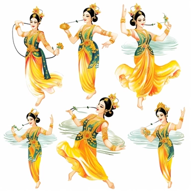 Develop clipart illustrating traditional Thai dance Descriptive Keywords: Thai classical dance, elegant costumes, hand gestures, traditional music, graceful movements Style of Photograph: Artistic and graceful and ensure the image is detailed and crisp