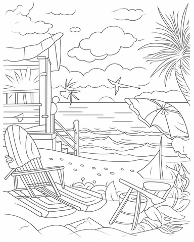 Adult Coloring Book Featuring Fun and Relaxing Beach Vacation Scenes, Peaceful Ocean Landscapes and Beautiful Summer Designs, coloring page line art, black and white clipart for a kids coloring page, simple and clean line art, illustration style,