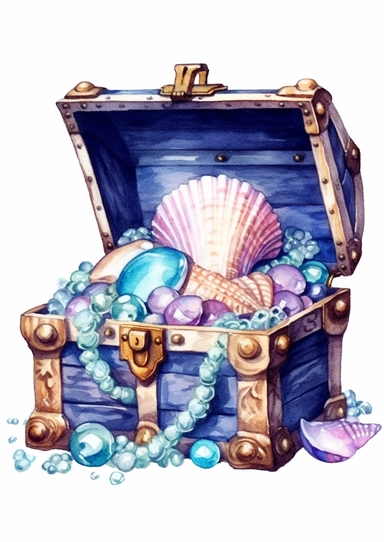 cute watercolor underwater treasure chest full of pearls clipart, full body, hd, on white background, spaced out
