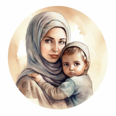 A portrait of a Muslim mother with her hijab carrying her child in her arms in a religious medallion watercolor clipart, realistic,high details, high quality