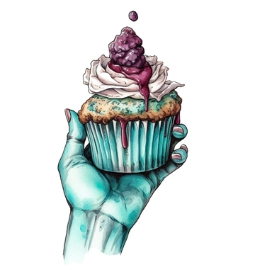 Hand drawn cupcake with a zombie arm reaching out of the center of cupcake as if the cupcake is a grave, shades of teal and burgundy, goth, glamorous, Halloween, very detailed and realistic, watercolor, white background with margins, clipart style