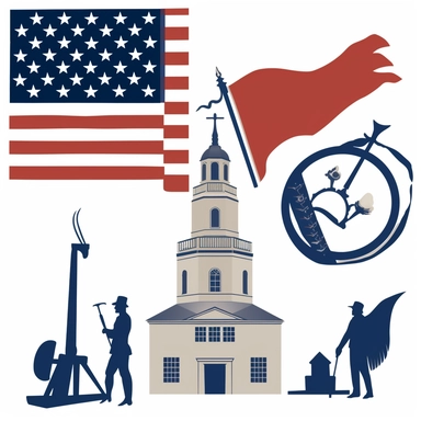 clipart image with iconic symbol, flag, and historic landmark from the American Revolution, perfect for DIY project and craft
