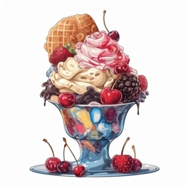 Watercolour of a Ice Cream sundae, Clipart,Cartoon,hyper realistic, intricate detail isolated on a white background, high quality, sublimation, detailed, cartoon style