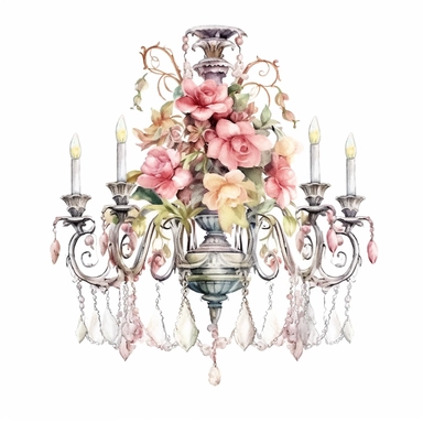 Make a clipart of a shabby chic, fairytale watercolor victorian chandelier, rococo, hd, white background