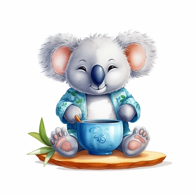 yoga happy koala, cartoon Clipart, Mr wanderful style, white background, tea time, 8k