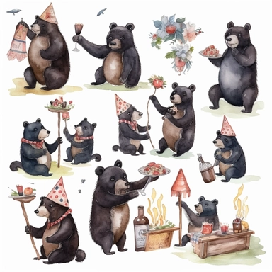 multiple poses characters of Black Bear enjoy with party in the garden, watercolor in medieval cartoon grunge style clipart on white background