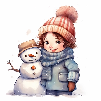 a happy little cute girl in a five-year-old, snowman, winter, style by Lusy Fleming, folk art, watercolor, clipart elements, smooth gradients, black contour outline, ultra detailed, white background, super clear, high quality