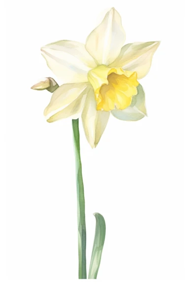 a clipart watercolor in soft pastel colors of a single jonquil flower on a flat white background