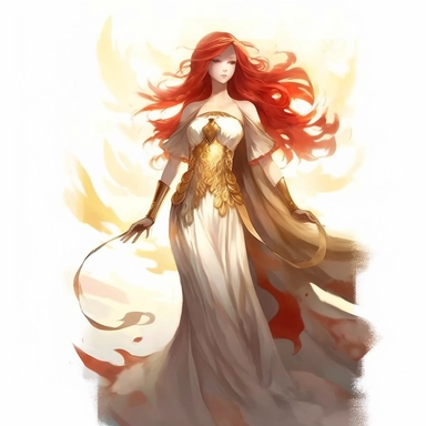 a beutiful girl standing full body with red flowing hair, delicate shades of red orange and gold, watercolor clipart, white backound, no backound, glowing,Takehisa Yumeji