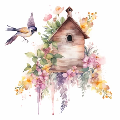 Watercolor illustration of a bird house, a flying bee, add lavender and pink flowers with green leaves, add yellow and gold watercolor splash in the background, hd, white background, clipart--ar3.2--s1000