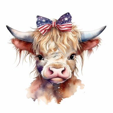 Watercolor highland baby cow wearing bow on head 4th of july , style by Lucy Fleming, watercolor, smooth gradients, black contour outline, ultra detailed, clipart elements, delicate pastel colors, solid white background, super clear, high quality