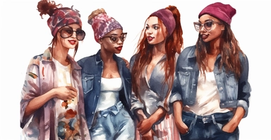 a multicultural fashion group of girls friendships in Paris, Watercolour Boho, Clipart, on a white background, detailed, 8k, photographic, realistic