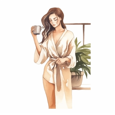 a watercolor sticker of a woman in white dress watering a big house plant. Clipart. Neutral beige faded color palette. White background. Artistic illustration. Hand-drawn.