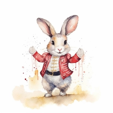 cute rabbit in circus costume watercolor illustration, in the style of watercolor illustrations,funny, energetic,ben wooten style, full body,sharp focus throughout, aquarellist, charming illustrations, illustration, painted illustrations, transparency and opacity,isolated white background, clipart most popular on etsy, book illustration, featured on dribble,print on demand image, PNG tranparent background,composition medium shot, no text