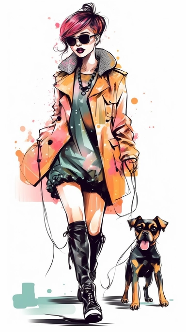 cute young high fashion woman wear Doc Martens shoes, walking her adorable little dog, vector clipart alcohol ink