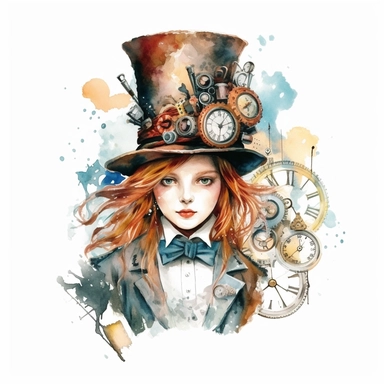 An alice in wonderland character , watercolor steampunk style, white background, clipart