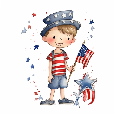 side boy kid with 4th of July theme,Watercolor style, Clipart,on white background