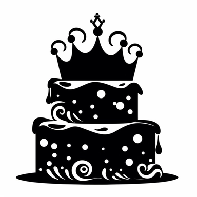 birthday cake with princess crown on, it decal simple cutout clipart, black silhouette,
