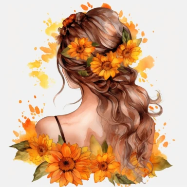 watercolor A woman's face, full body, back view White fabric leaves flowers Marigolds decorate hair, wedding dress with flowers Marigolds and leaves adorning her hair. hair up with flowers Marigolds vividly bold designs png Full body realistic cartoon in 32K UHD cute. 15 cm thick outline. . There was no shadow on the ground. 8k with realistic watercolors. and detailed illustrations. PNG clipart, transparent white background