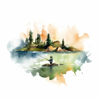 one illustration of fishing Watercolor clipart on a white background, in the style of hazy landscapes, nature-inspired motifs, free brushwork, fantasy settings, decaying landscapes, no watermark, text, 300 DPI , typography, shapes do not stick together, no text in the picture, on a white background