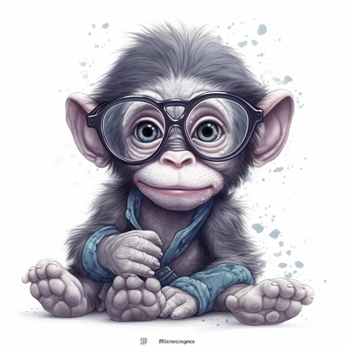 kawaii adorable baby chimpanzee wearing cute glasses, nursery art, clipart image, line art image, white background, inspired by yoshitaka amano art, very detailed, 8k