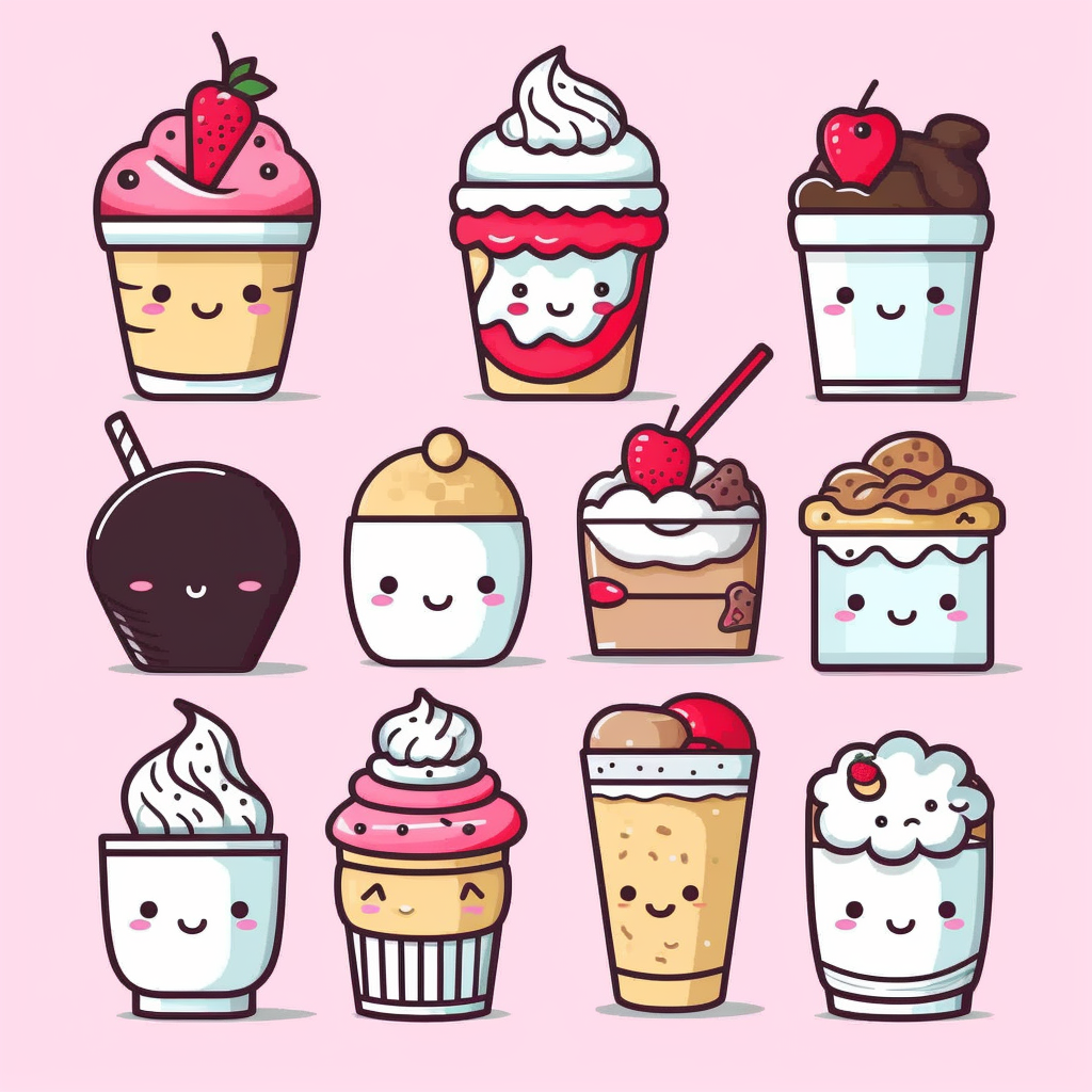 vector line art, Kawaii desserts clipart set - kawaii food - cute food ...