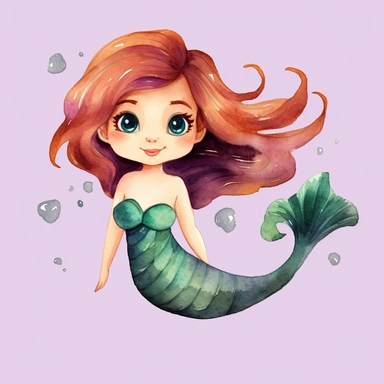 create a hand drawn watercolor clipart of a cute little mermaid, white background, 4k