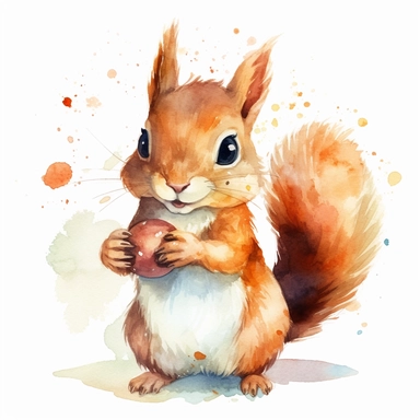 Clipart, watercolor, white background: Design a clipart of a playful squirrel holding an acorn, with fluffy fur and a mischievous expression.