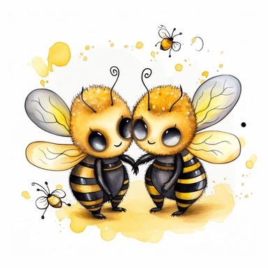 two yellow with black highlights cute and cuddly dancing honeybees who are in love beautiful gothic fantasy clipart, fantastical 3d, watercolor, white background