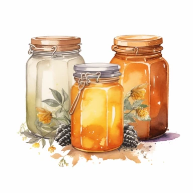 a watercolor clipart, vector of honey jars in the style of vintage imagery, decorative paintings, subtle shading, nature core, muted colors, on a white background, uhd image