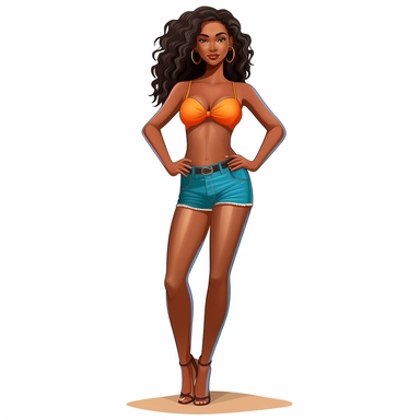 Create a realistic clip art of an African American woman in her mid-twenties with long wavy brown hair, dressed in a two-piece bikini with a bright-colored top and a complementing shade for the bottom. She should be wearing high heels that add height to her curvy figure and have hips that are prominently displayed with a gentle curve to them. Her skin tone should be medium to dark and have a confident and attractive demeanor.