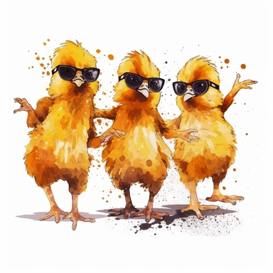 three cool baby chickens, doing three different dance moves, clipart style, funny