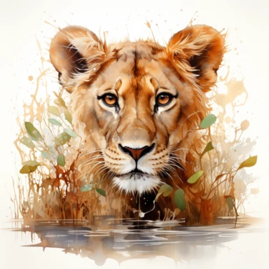 hyperrealistic ultra detailed watercolor clipart, lioness in water, isolated on white background, in the style of digital print, clipart, illustration, sticker, ultra high definition, rich details, 32K, HD