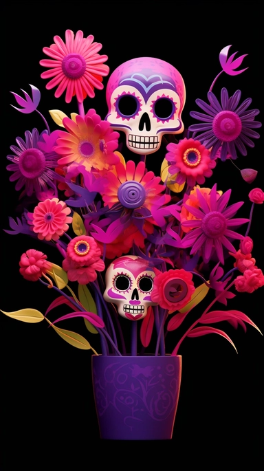 create a funny flowers bouquet, magenta and purple petals, as Halloween, bright green stem, black background, tiny purple bats flying around the flowers, and some tiny funny Catrina skulls for Halloween over emery flower, clipart,