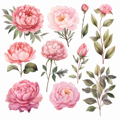 Handpainted romantic set with watercolor peonies, flowers, roses and leaves.15 lovely clipart isolated.Perfect your project,greeting cards,wedding,Birthday cards,bouquets,wreaths,invitations,logos