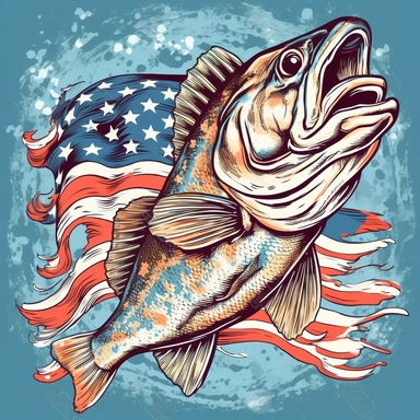 A Bass fish, the american flag with a vintage art style, evoking a patriotic and nostalgic mood, illuminated by bright and bold lighting, T - shirt design graphic, vector, contour, white background style by Lucy Fleming, watercolor, smooth gradients, black contour outline, ultra detailed, clipart elements, delicate pastel colors, solid white background, super clear, high quality