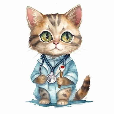 Cute cat BABY, BEAUTIFUL big SHINING EYES ,HAPPY, dressed as a Doctor , Watercolor Little Animals Clipart, COLORFUL