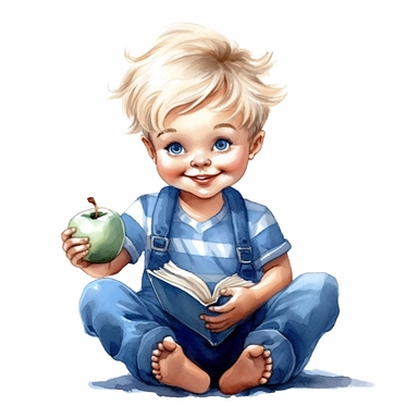 a happy little cute boy in a five-year-old, white short, blue jacket, book, apple, style by Lusy Fleming, folk art, watercolor, clipart elements, smooth gradients, black contour outline, ultra detailed, white background, super clear, high quality