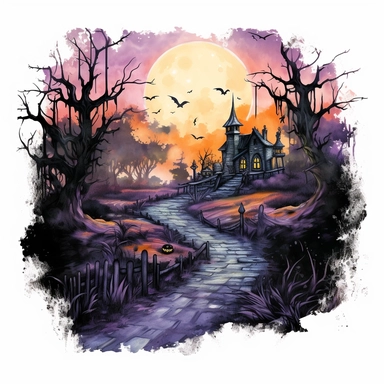 isolated illustration of a fantasy haunted path, eerie vibe, halloween colors, watercolor illustration, high resolution clipart, isolated on white background