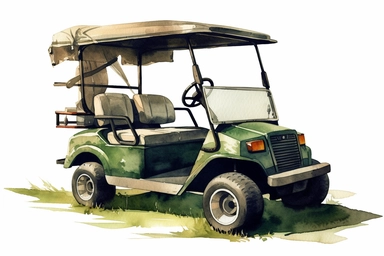 watercolor, Birdseye view of golf cart on the golf course clipart, HD, on white background, spaced out