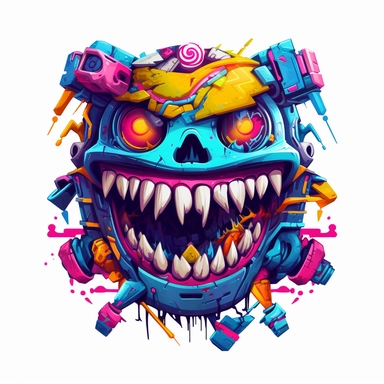 monster sharp teeth neon colors happy kid kawai cyborg clipart white