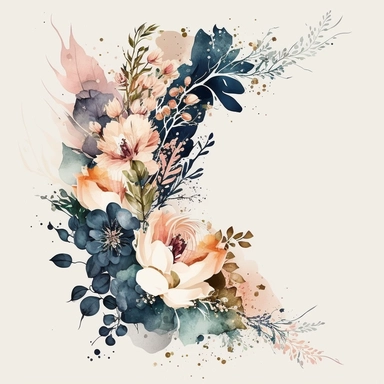 watercolor floral corner arrangement clipart, in the style of dreamlike illustration, hazy romanticism, album, vintage card design, on the side, navy blue and blush colors, white background, unclipped