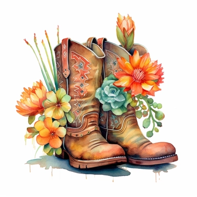 Develop a captivating watercolor clipart illustration on a white isolated background vector, featuring exquisitely painted leather cowboy boots adorned with vibrant floral motifs, enhanced by an enchanting arrangement of cactus and succulents. Emulate the artistic style of Angela Fehr, a renowned watercolor artist known for her loose and fluid approach, to capture the organic textures and rich color variations of the botanical elements, creating a lively and visually engaging composition.