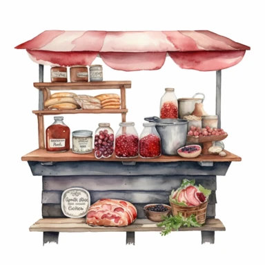 hand drawn ROADSIDE STAND WITH STRAWBERRY JAM AND COUNTRY HAM leg , very detailed and realistic , watercolor, white background with margins, clipart style