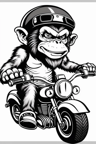High resolution 2D cartoon cheerful monkey monkey rides a harley davidson motorcycle black and white design very simple Clipart Cutfile stencil the image is not cropped and is fully included in the picture 4k