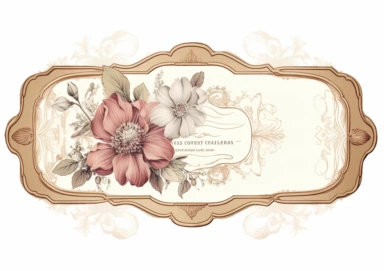vintage inspired printable rectangle label with intricate sepia colored borders and hand drawn details. detailed with soft watercolor flowers. No text. Isolated clipart on solid white background