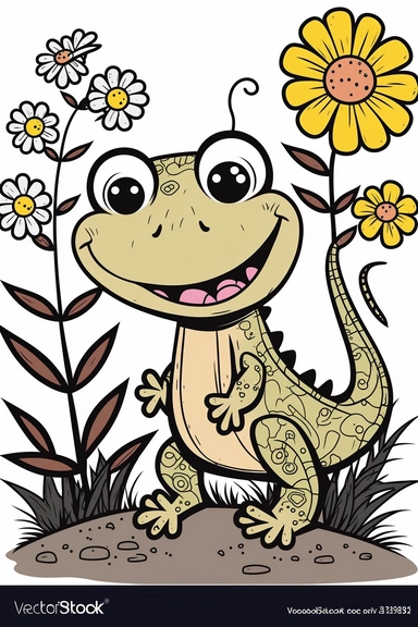Cute and cute insect lizard, meadow with flowers and green leaves , black outline only, 4k, quality, detailed, clipart, clipart, sticker, cute, countryside landscape, smile, black outline only, cartoon illustration black and white high contrast happy cartoon, cartoon illustration of style, children's book illustration,